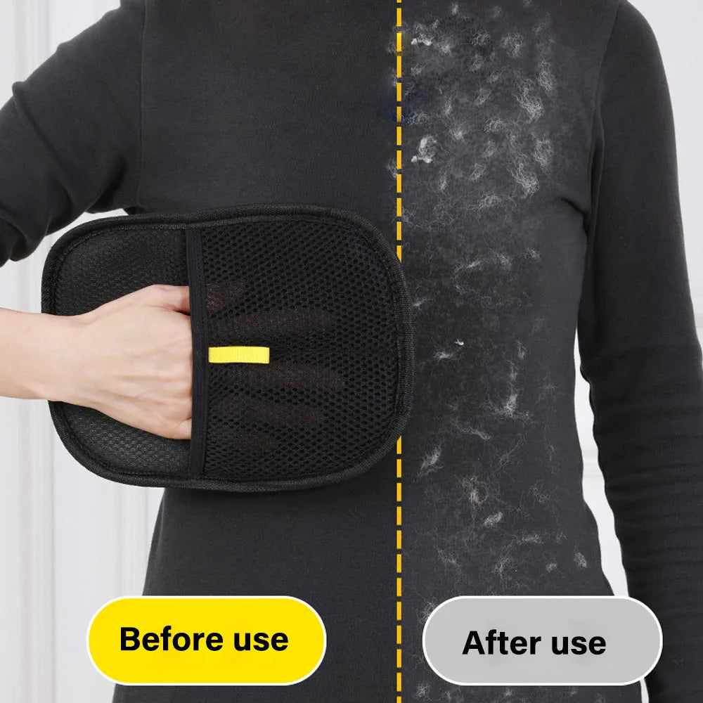 Black Pet Grooming & DE shedding Gloves held by a person with 'Before use' and 'After use' labels on a white background.