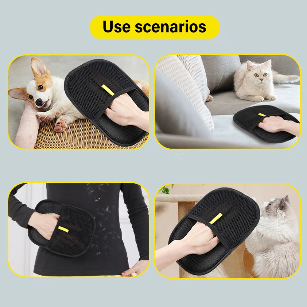 Black Pet Grooming & DE shedding Gloves being used sofa,couch a dog and cat, and person on various clothes surfaces.