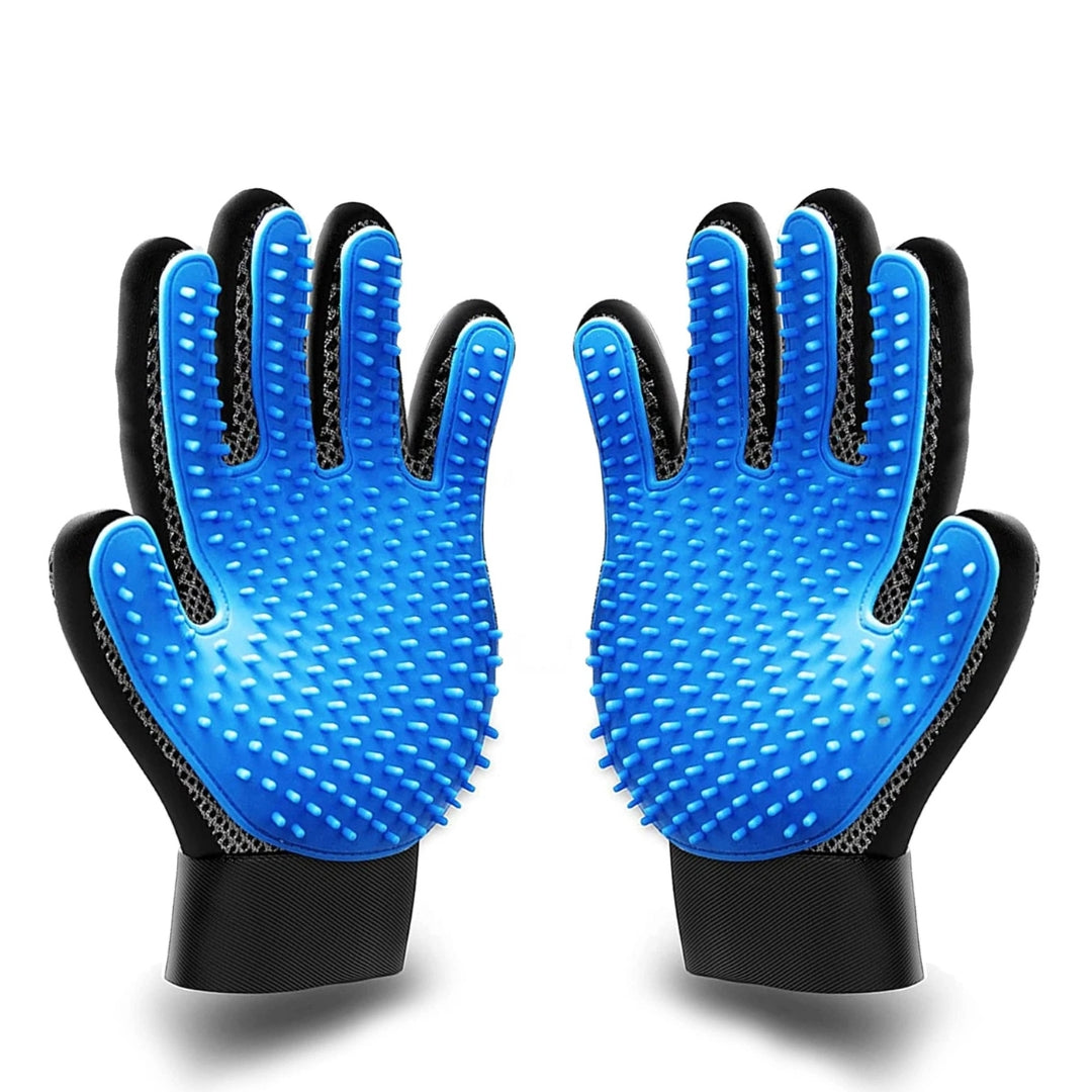 Pair of blue Pet grooming silicone glove
with black cuffs on a white background