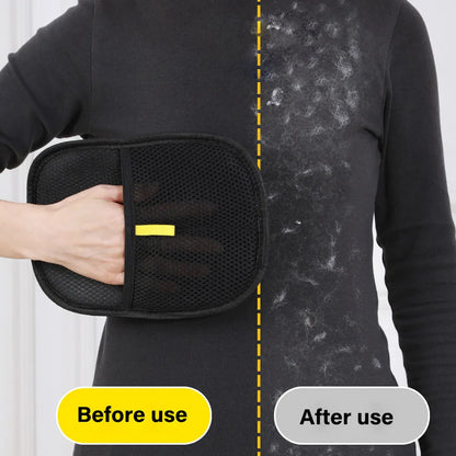 Black Pet Grooming & DE shedding Gloves held by a person with 'Before use' and 'After use' labels on a white background.