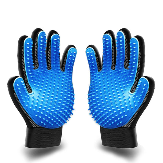 Pair of blue Pet grooming silicone glove 
with black cuffs on a white background
