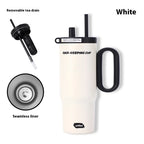 White insulated tumbler with black handle and straw, featuring a removable tea drain and seamless liner on a white background.