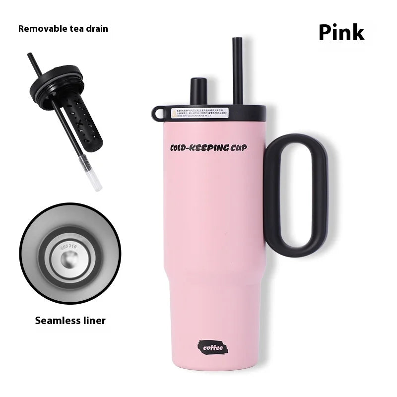 Pink cold-keeping cup with handle, removable tea drain, and seamless liner on a white background.