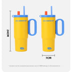 Yellow cold-keeping cup with blue handles and straws, shown with measurements on a white background.