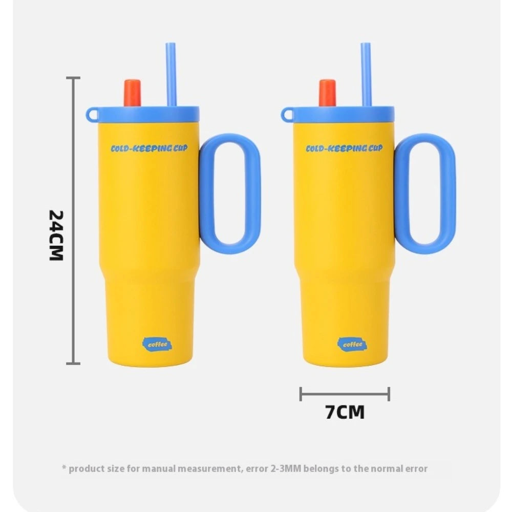 Yellow cold-keeping cup with blue handles and straws, shown with measurements on a white background.