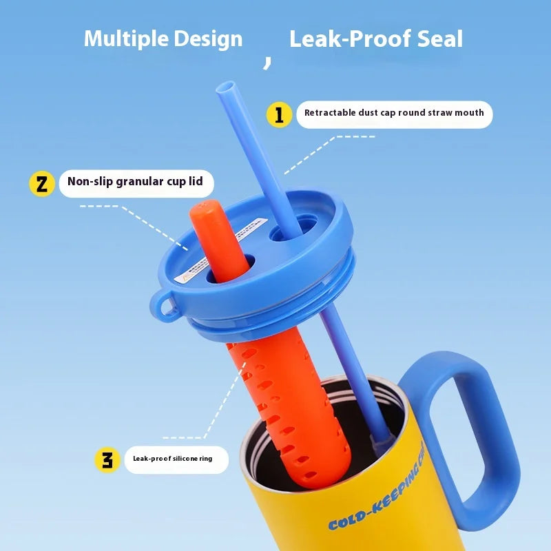 Yellow cup with blue handle and straw, featuring a leak-proof design on a blue background.