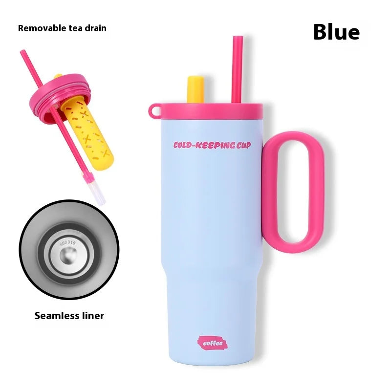 Blue cold-keeping cup with pink handle and straw, featuring a removable tea drain and seamless liner.