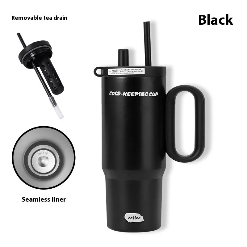 Black travel mug with handle, removable tea drain, and seamless liner on a white background