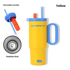 Yellow cold-keeping cup with blue handle and lid, featuring a removable tea drain and seamless liner.