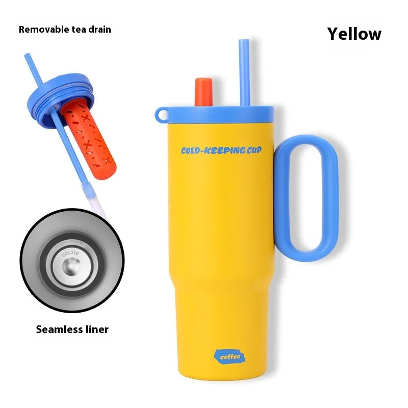 Yellow cold-keeping cup with blue handle and lid, featuring a removable tea drain and seamless liner.