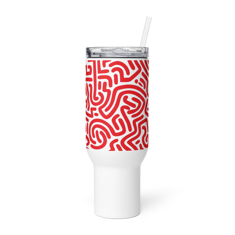 White tumbler with red abstract pattern on a white background