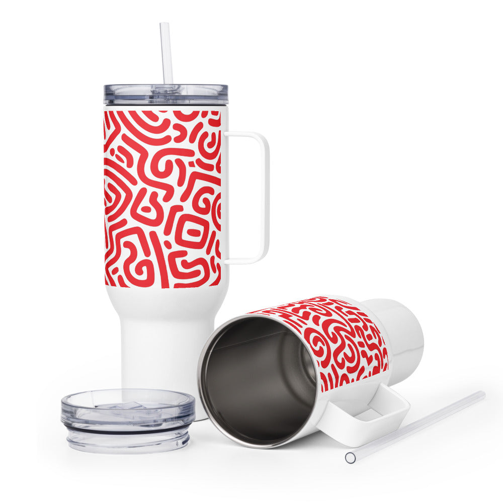 White tumbler with red pattern, straw, and lid on a white background
