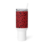 White tumbler with a red and black pattern on a white background