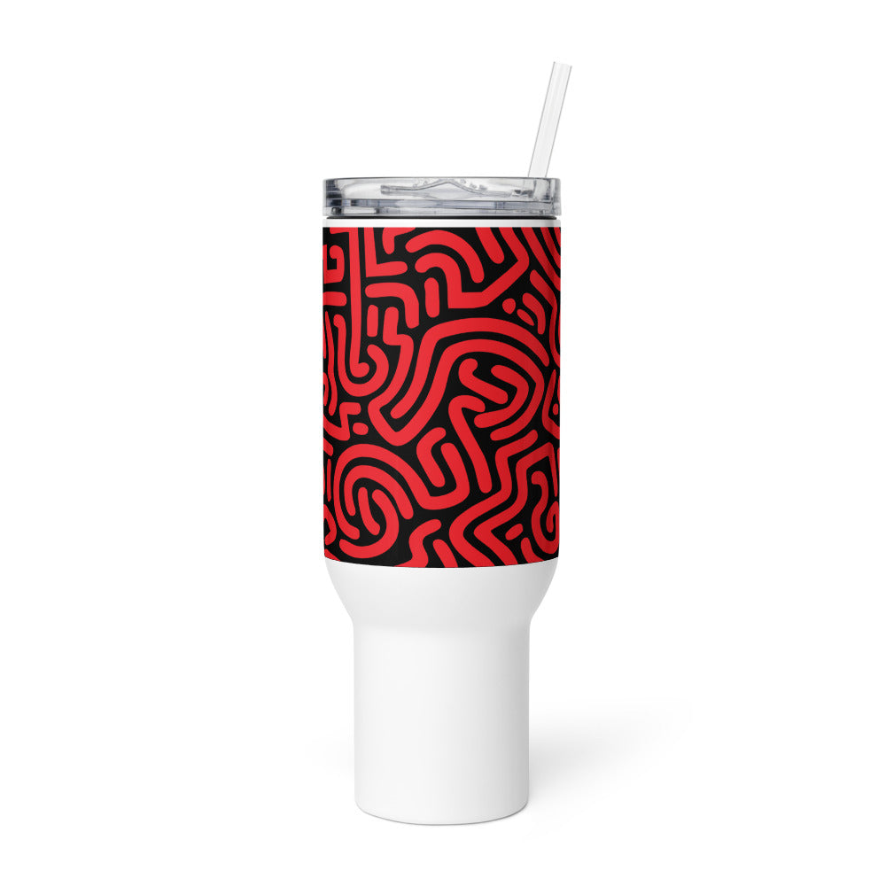 White tumbler with a red and black pattern on a white background