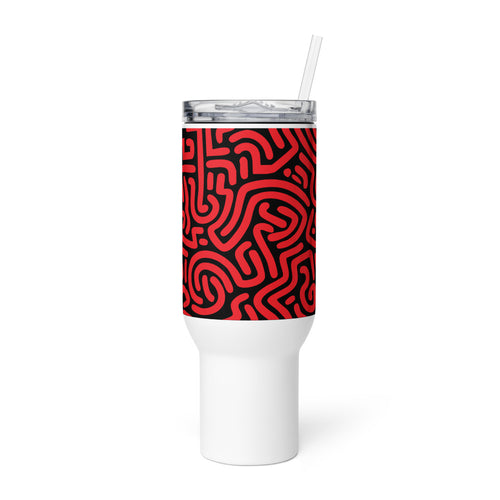 White tumbler with a red and black pattern on a white background