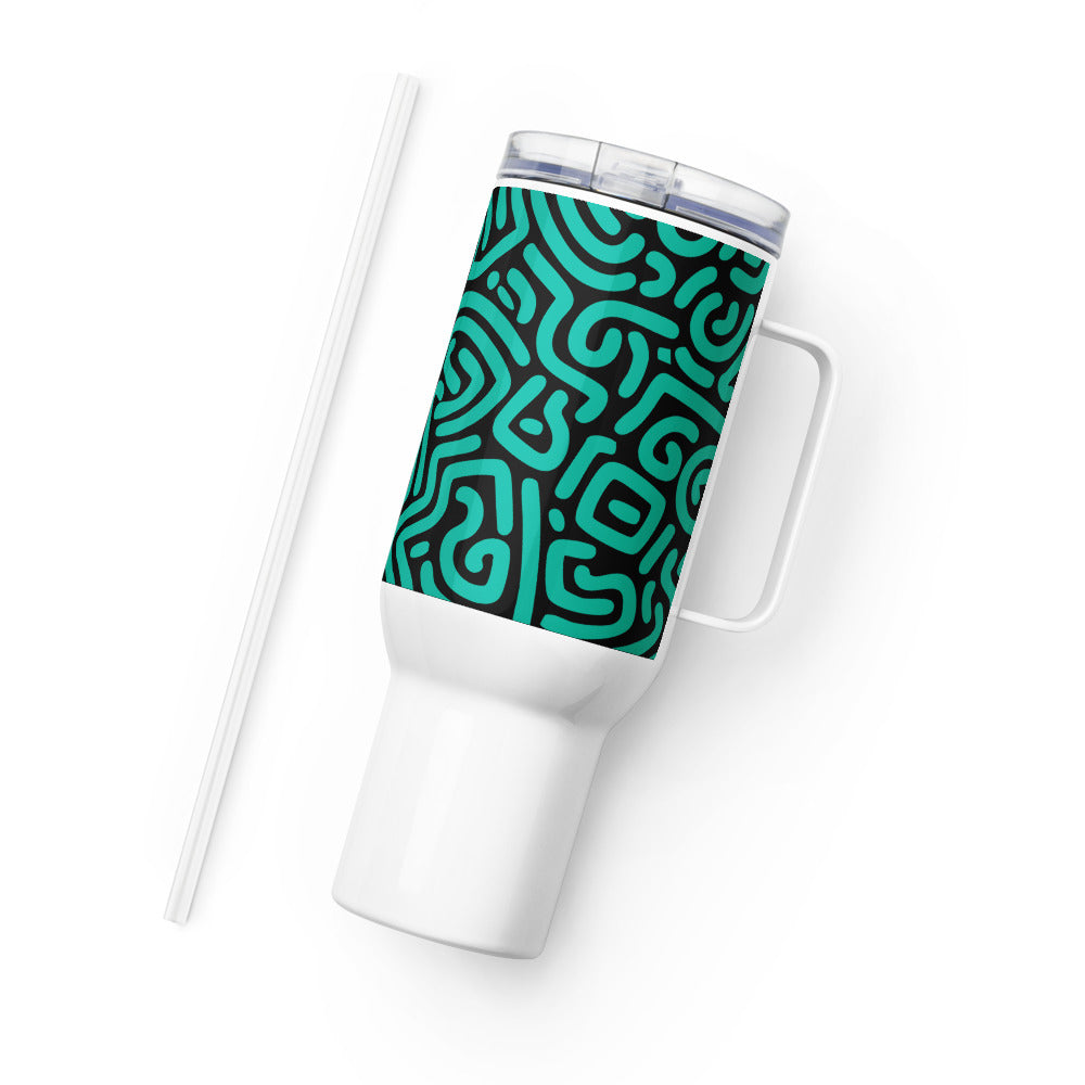 White tumbler with teal pattern on a white background