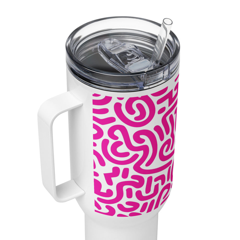 White mug with pink abstract pattern and clear lid on a white background